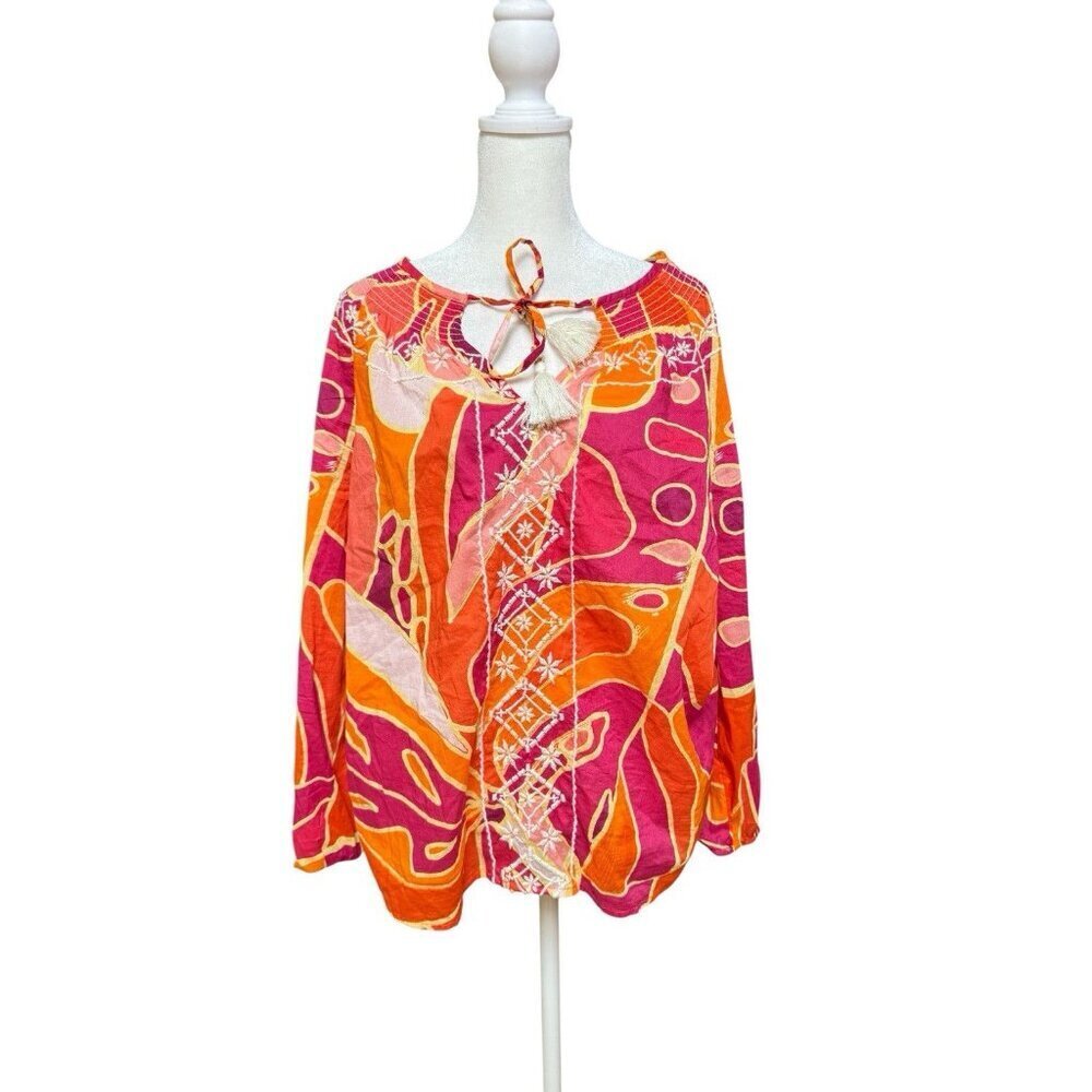 Christian Siriano 100% Cotton Boho Embroidered Tassel Blouse L Pink Orange